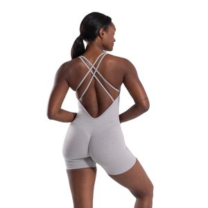 Combinaison de sport pour femme gris clair à bretelles, sans manches, extensible, pour le yoga, la gym et l'entraînement - Product Image 2