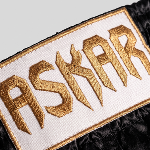 กางเกงชกมวย Askar สีเขียวทอง ขอบเอวพิมพ์ลายสกรีน ทรงหลวม ใส่ได้ทั้งชายและหญิง ผลิตจากโพลีเอสเตอร์ 100% น้ำหนักเบา เหมาะสำหรับศิลปะการต่อสู้ - Product Image 3