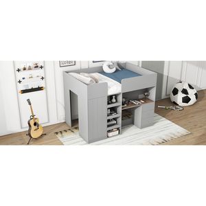 Letto a soppalco matrimoniale con armadio integrato, scrivania e scaffali portaoggetti, set camera da letto in legno grigio - Product Image 5