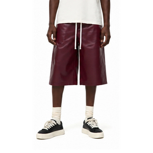 Men's Burgundy <b>Leather</b> Bermuda <b>Shorts</b> Drawstring Closure Solid Color Casual Woven Coated Breathable With Pockets <b>Leather</b> <b>Short</b> - Product Image 5