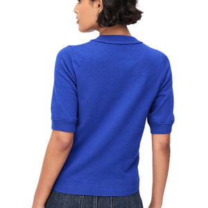 Pull en maille bleu cobalt super doux à manches courtes pour femme, col rond, pull décontracté avec poignets et ourlet côtelés - Product Image 2
