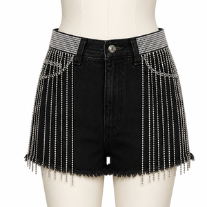 New Trendy Vintage Style Washed Denim Shorts High Waist Customised Rhinestone Design Summer Fashion Casual Outfit For Unisex - Product Image 5