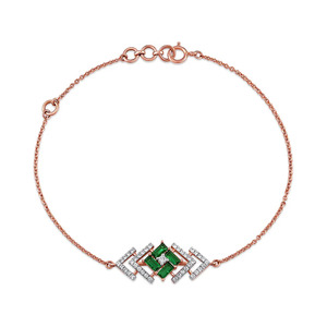 Bracelet géométrique vert en forme de diamant avec chaîne en or rose et design central carré superposé - Product Image 3