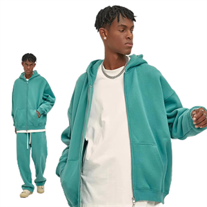 Conjunto de Sudadera con Capucha y Cremallera para Hombre, Color Verde Azulado, 100% Algodón, Forro Polar, Estilo Casual Hip Hop, Color Sólido, Ropa de Otoño - Product Image 1