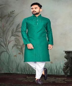 Men's Traditional Green Cotton Kurta With White Payjama Regular Fit <b>Ankle</b>-Length Casual Wear India Pakistan Style 63196 SPAR-SR - Product Image 1