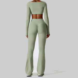 Women's Solid Green Yoga Set V-neck Half Sleeve <b>Crop</b> Top Mid Waist Flared <b>Leggings</b> Spandex/Nylon Eco-Friendly 1 Piece Activewear - Product Image 5