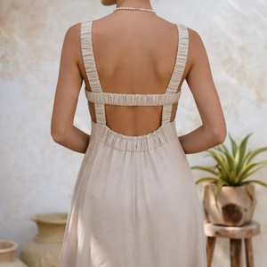 Women Linen Maxi <b>Dress</b> Sleeveless Backless <b>Elastic</b> Waist A-Line Summer Plain Dyed Natural Washable Minimalist Beige Casual - Product Image 1