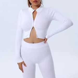 Seamless Matching Gym Set for Women Long Sleeve Zip Workout Jacket Sports Bra High-Waist Yoga Pants Four-Way Stretch Tummy - Product Image 2