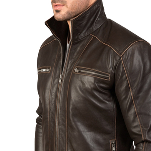 Veste de moto en cuir véritable marron pour homme, col montant, fermeture éclair, manteau de motard, automne - Product Image 6