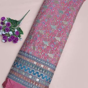 Coral Crepe <b>Floral</b> Embroidery Fabric Lightweight Woven 54 Inch Border Work Material <b>for</b> Women's Kurti Tunics Anarkali Gowns <b>Suit</b> - Product Image 1