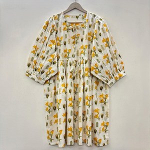 Vestido Casual Midi para Mujer, Tejido 100% Algodón, Estampado Floral, Cuello en V, Corte Holgado, Mangas Abullonadas, Cintura Imperio, Estilo Babydoll - Product Image 5