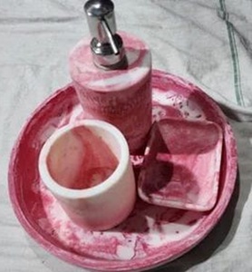 Pink White Resin Faux Marble Bathroom Accessory Set 4 Piece Soap Dispenser Tumbler Soap Dish Round Tray For Hotel Home <b>Vanity</b> - Product Image 1