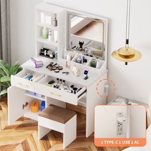 Tocador de maquillaje iluminado de 32 pulgadas de ancho con toma de corriente, tocador de almacenamiento grande y taburete acolchado para estudio de dormitorio - Product Image 2