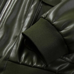 Blouson bomber en cuir PU vert olive pour homme, col montant, fermeture éclair, coupe ajustée, longueur standard, couleur unie, style moto - Product Image 3