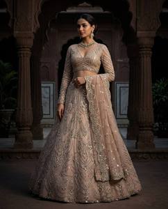 Beige Net Zari <b>Sequin</b> Zircon Lehenga Choli Dupatta A-Line Wedding Outfit Readymade Ethnic Wear for Women - Product Image 2