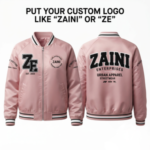 เสื้อแจ็คเก็ตบอมเบอร์ผู้หญิง พรีเมียม 250 GSM โพลีเอสเตอร์ซาติน สีชมพูอ่อน ปักลายเชนิลล์แบบกำหนดเอง พิมพ์โลโก้ด้วยความร้อน รับผลิตแบบ OEM ODM - Product Image 1