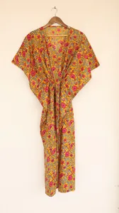 Vestido Kaftán Largo Naranja con Estampado de Bloques para Mujer, Corte Holgado, 100% Algodón, Ropa de Resort, Vestido Holgado y Cómodo - Product Image 6