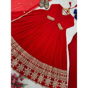 DISEÑADOR GEORGETTE BORDADO BOREDR BATA DE TRABAJO FONDO CON DUPATTA ROJO - Product Image 4