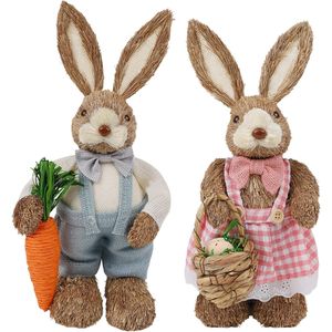 Set di 2 Statuette di Coniglio in Sisal da 35 cm con Carota e Uovo, Decorazioni Pasquali in Stile Fattoria Primaverile per la Casa e le Celebrazioni di Pasqua - Product Image 2