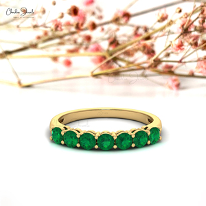14K Fine Yellow Gold Natural Zambian Emerald Half Eternity Band <b>Ring</b> 3mm Round Cut Gemstone <b>Stacking</b> Wedding Band For Women - Product Image 6