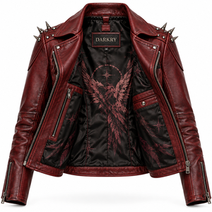 Blouson de motard asymétrique en cuir véritable rouge foncé pour femme, avec imprimé graphique ailes d'ange personnalisées, fermeture éclair et clous, par le fabricant - Product Image 5