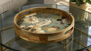 Bandeja Redonda de Madera para Almacenamiento con Diseño de Aves y Flores, Acabado Lacado, Estilo Moderno, Apta para Lavavajillas, Multifuncional - Product Image 5