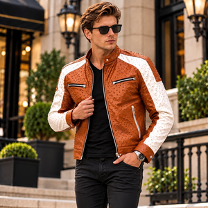 Chaqueta de cuero con tachuelas para hombre, estilo motero, con mangas con paneles blancos y bolsillos con cremallera, prenda exterior de moda. - Product Image 6