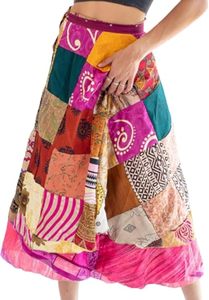 Reversible <b>Patchwork</b> Wrap <b>Skirt</b> Handmade Silk Long Maxi Adjustable Waist Bohemian Style Breathable for Women - Product Image 5
