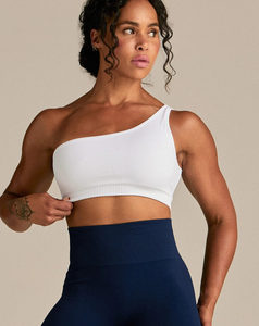 High Performance Women's White One-Shoulder Scoop Neck <b>Crop</b> <b>Top</b> Navy High Waist Shorts 2 Piece Yoga Set Zippers Seamless Spandex - Product Image 3