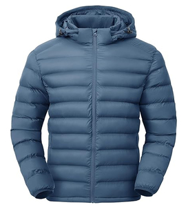 Men's Winter Puffer Jacket with Hood Solid <b>Pattern</b> Front Logo Zipper Closure - Product Image 5