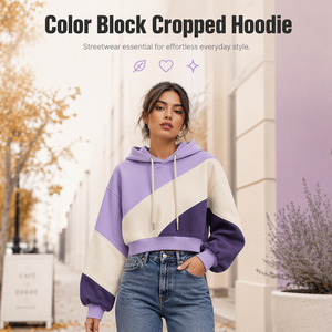 Sweat-shirt à capuche court en polaire color block pour femme, manches lanternes, avec cordon de serrage et poches, style décontracté streetwear hiver - Product Image 1