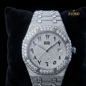Montre de luxe à quartz en acier inoxydable, chronographe ETA squelette noir entièrement pavé de moissanite, chiffres arabes, verre cristal, à poussoir - Product Image 1