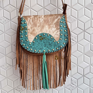 Bolso de mano para mujer, estilo occidental, cuero de vaca, flecos tallados, borde de color turquesa, bolso bandolera, bolso bohemio con flecos - Product Image 1