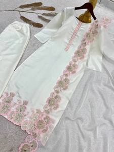 Ensemble Kurta et pantalon en coton brodé blanc avec dupatta pour femme, tenue traditionnelle indienne et pakistanaise, coupe décontractée longueur cheville - Product Image 4