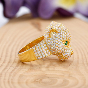 Panther Animal Inspired Wild <b>Cat</b> Iced Cut Moissanite Green-Eyed Rhodium Plated Pave Setting 925 Sterling Silver Engagement <b>Ring</b> - Product Image 4