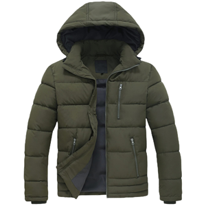 Blouson matelassé à capuche pour homme, hiver, épais et chaud, fermeture éclair, décontracté, vert olive, rembourrage en polyester, col montant, coupe classique - Product Image 1