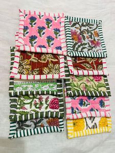 High Quilted hand <b>block</b> print cotton quilted coaster set floral drink mat absorbent mug holder table decor handmade kitchen pad - Product Image 4