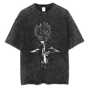 T-shirt noir oversize pour homme, effet délavé, avec imprimé personnage d'anime, manches courtes, col rond, style streetwear, en jersey de coton - Product Image 3