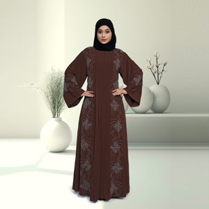 ชุดอาบายะห์อิสลามแบบเรียบง่ายสำหรับวันอีด ตกแต่งด้วยคริสตัล แผงผ้าจับจีบด้านหน้า ดีไซน์ทรงบานยาวคลุมเท้า สำหรับผู้หญิง - Product Image 1