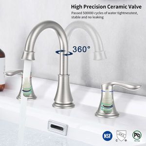 Rubinetto per lavabo bagno da 8 pollici con 2 maniglie, finitura nichel spazzolato, bocca girevole a 360 gradi, rubinetto lavabo a 3 fori per mobile lavabo - Product Image 5