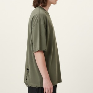 เสื้อยืดผู้ชายทรงปกติ สีเขียวมะกอก แขนสั้น คอกลม สไตล์สตรีท ผ้าคอตตอนเจอร์ซีย์แบบซัก สีพื้น ดีไซน์ขาดๆ ระบายอากาศได้ดี - Product Image 6
