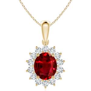 Pendentif en or 14K 18K fait main avec rubis rouge naturel ovale certifié IGI et halo de diamants floraux - Product Image 1