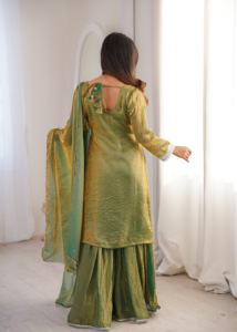 Elegant Fendy <b>Silk</b> <b>Kurta</b> Sharara Ensemble With Lace Neck Design Flowing Bottom Coordinated Dupatta Womens Occasion Fashion - Product Image 6