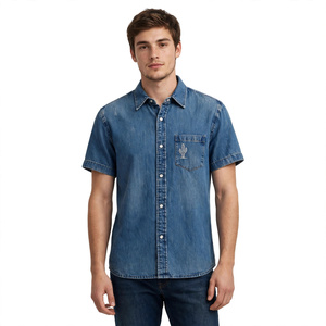 Camisa vaquera de manga corta para hombre, cuello vuelto, lavada, informal, con botones, exportada de BD - Product Image 2