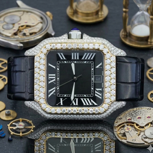 Top Rating <b>Square</b> Case Only Bezel Moissanite Diamond Black Leather Band Roman Numerals Fashion <b>Man's</b> Half Iced out Jewelry - Product Image 5