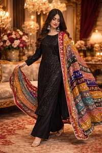 Traje Anarkali Tradicional Negro Bordado para Mujer con Dupatta Colorida, Ropa Elegante de Estilo Indio y Pakistaní para Fiestas - Product Image 3