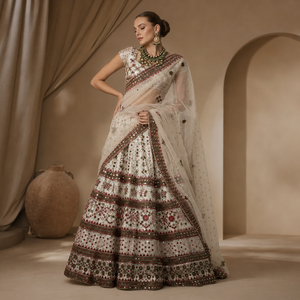 Luxury Ivory <b>Mirror</b> Work Embroidered Lehenga Choli <b>with</b> Dupatta Designer Indian Bridal Wedding Festive Ethnic Traditional Women - Product Image 2