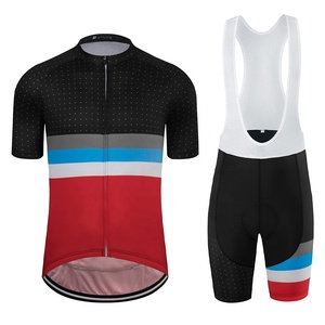 Ensemble de maillot de cyclisme pour homme noir, rouge, bleu, blanc, manches courtes, avec short à bretelles et rembourrage. - Product Image 1