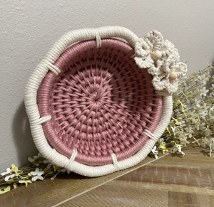 Elegant Pink And White Flower Design Macrame <b>Basket</b> Perfect For <b>Display</b> Fruits Storage And Creative Gifting Use From India - Product Image 1