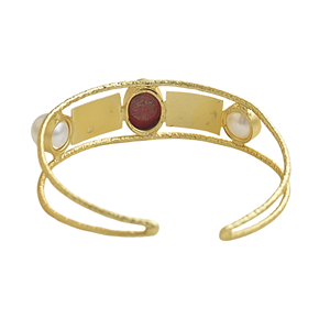 Bracelet manchette plaqué or fait main certifié avec corail et perles d'imitation, design géométrique vintage, bijoux unisexe - Product Image 6